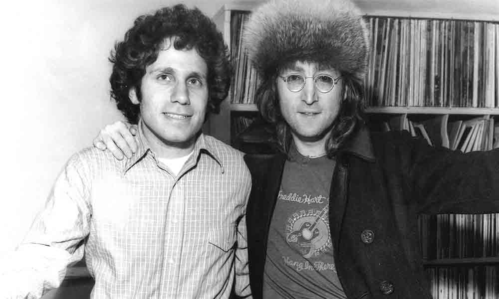 John Lennon drops in on Dennis Elsas at WNEW-FM in NYC. Image from Dennis Elsas' website.